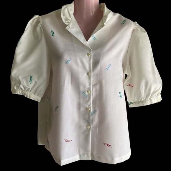 Vtg 70s Ship n Shore Blouse Womens Sz 14 White Leaves Button Cuffs Summer Cool - Picture 1 of 8